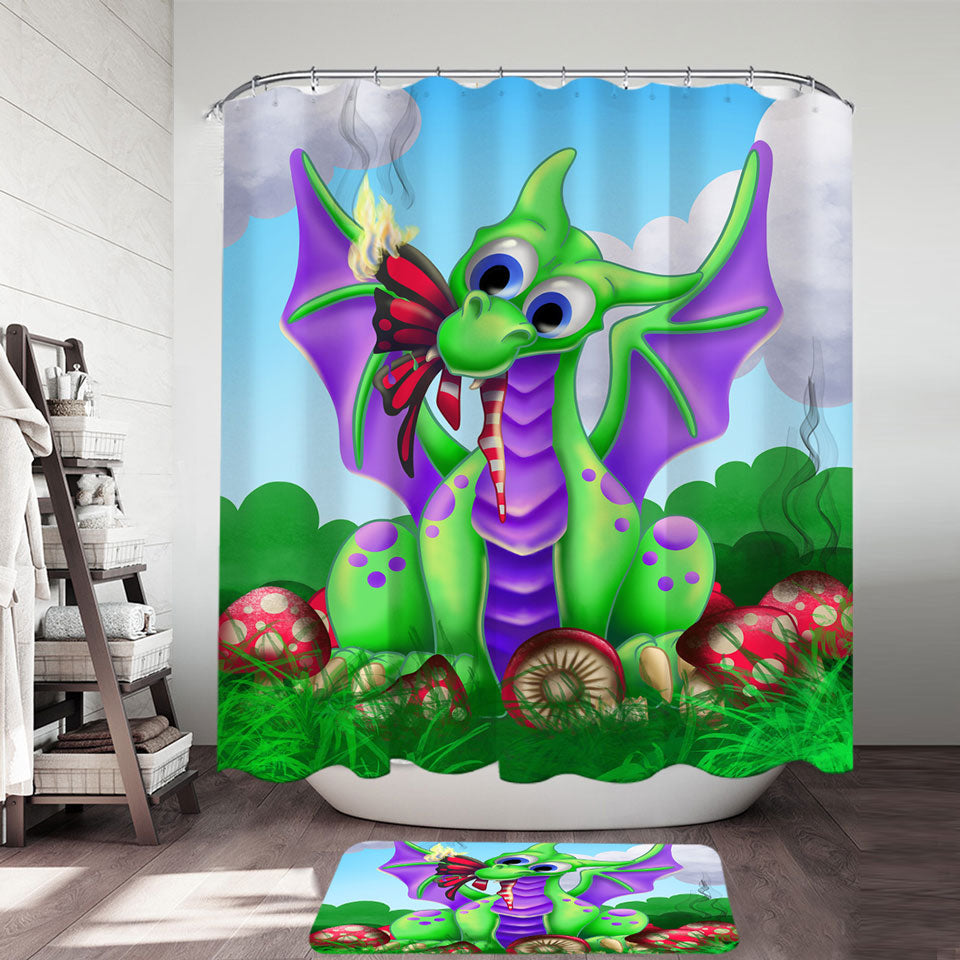 Cute Kids Shower Curtains Mushroom and Dragon
