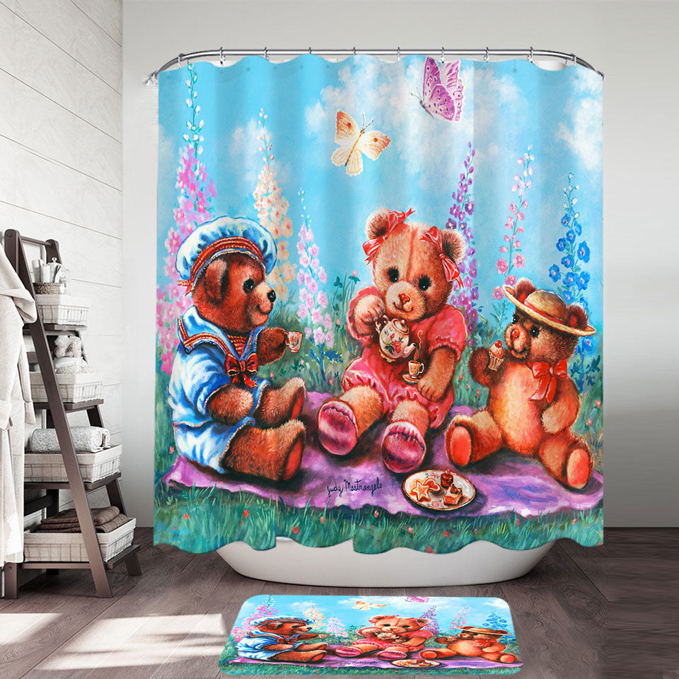 Cute Kids Shower Curtains Vintage Art Painting the Teddy Bear Picnic