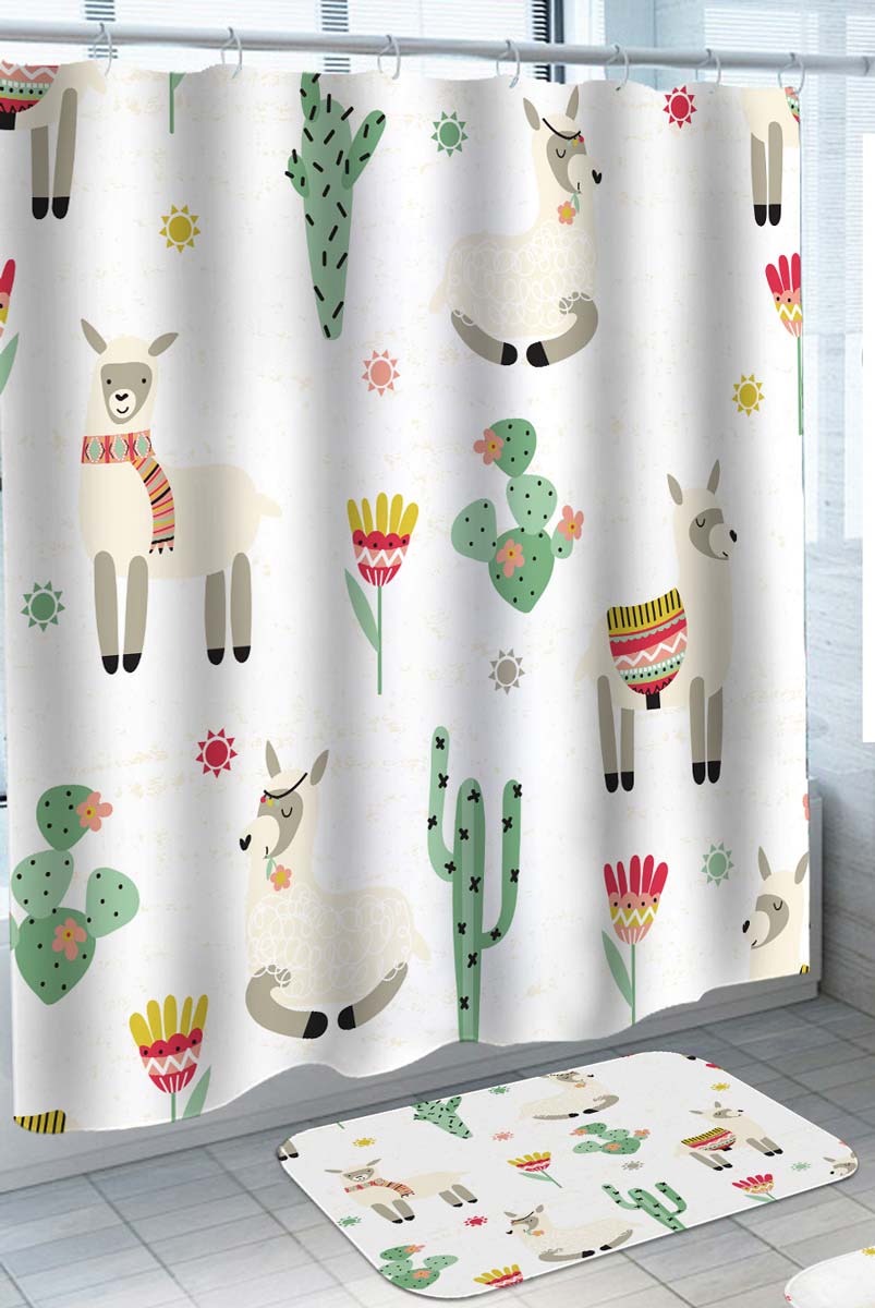 Cute Kids Shower Curtains with Llama and Cactus