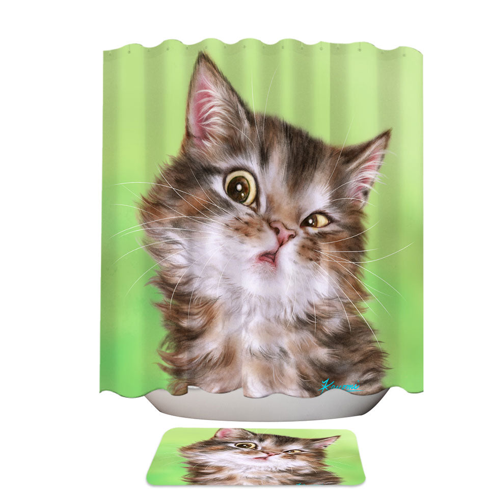 Cute Kittens Fabric Shower Curtains Paintings Brownish Tabby Kitty Cat