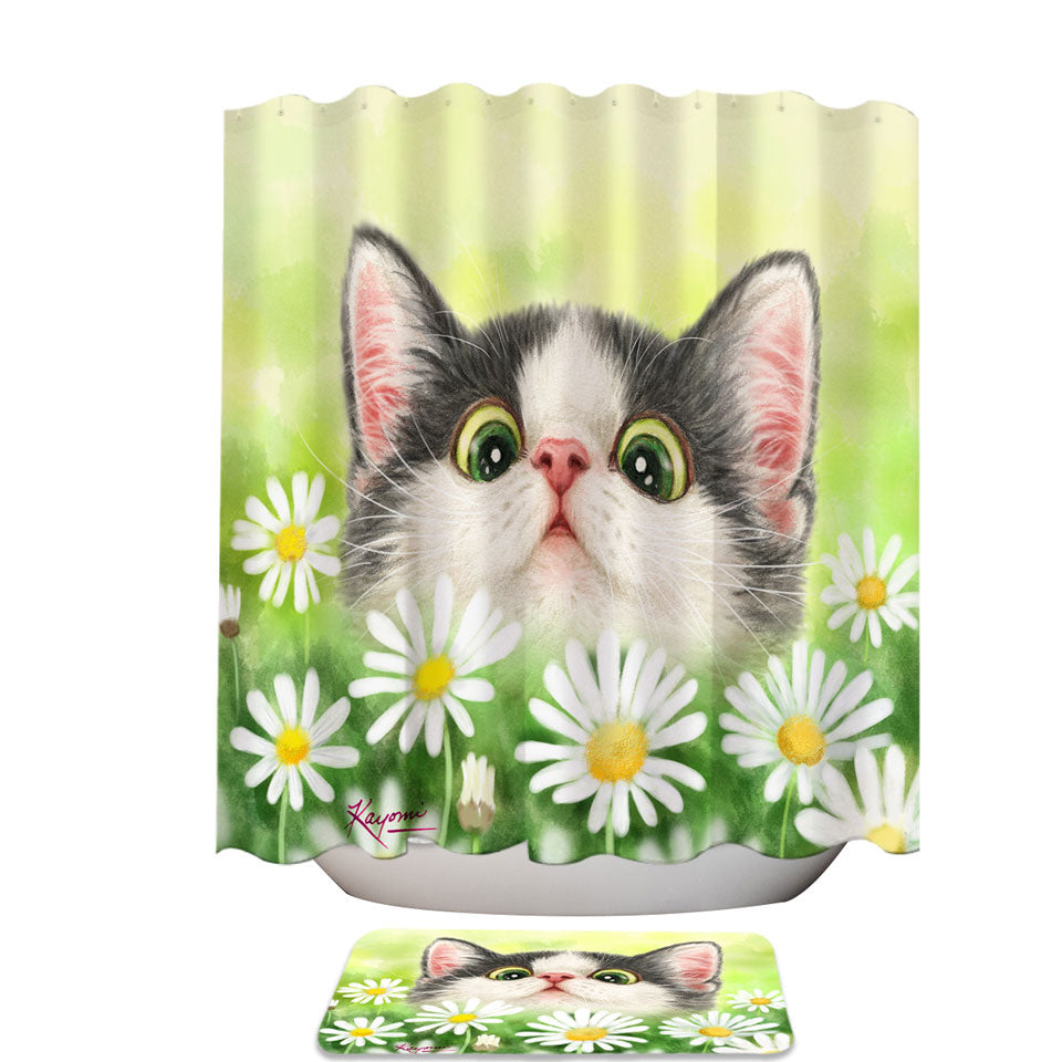 Cute Kitty Cat in the Daisy Flower Garden Shower Curtain