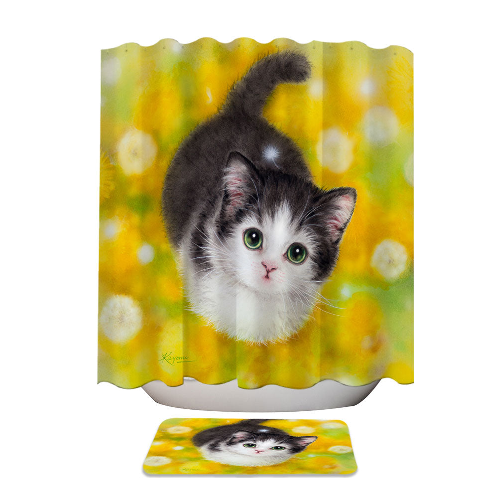 Cute Kitty Cat in the Dandelion Flower Garden Shower Curtains