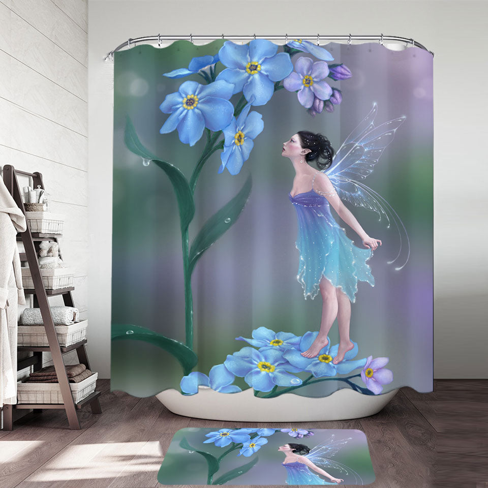Cute Little Fairy and Purplish Blue Flowers Shower Curtain
