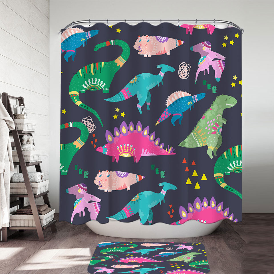 Cute Multi Colored Shower Curtains with Sleeping Dinosaurs