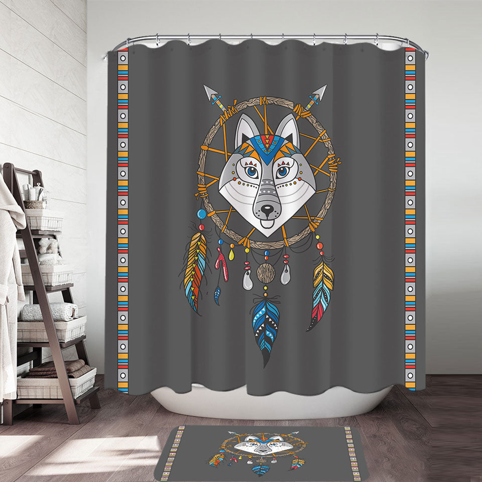Cute Native Wolf Dream Catcher Shower Curtain for Kids