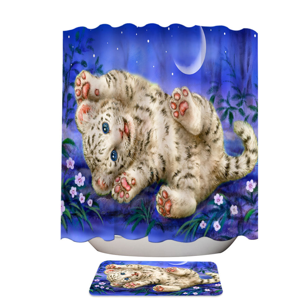Cute Painting Bathroom Decor for Kids Baby White Tiger Shower Curtains
