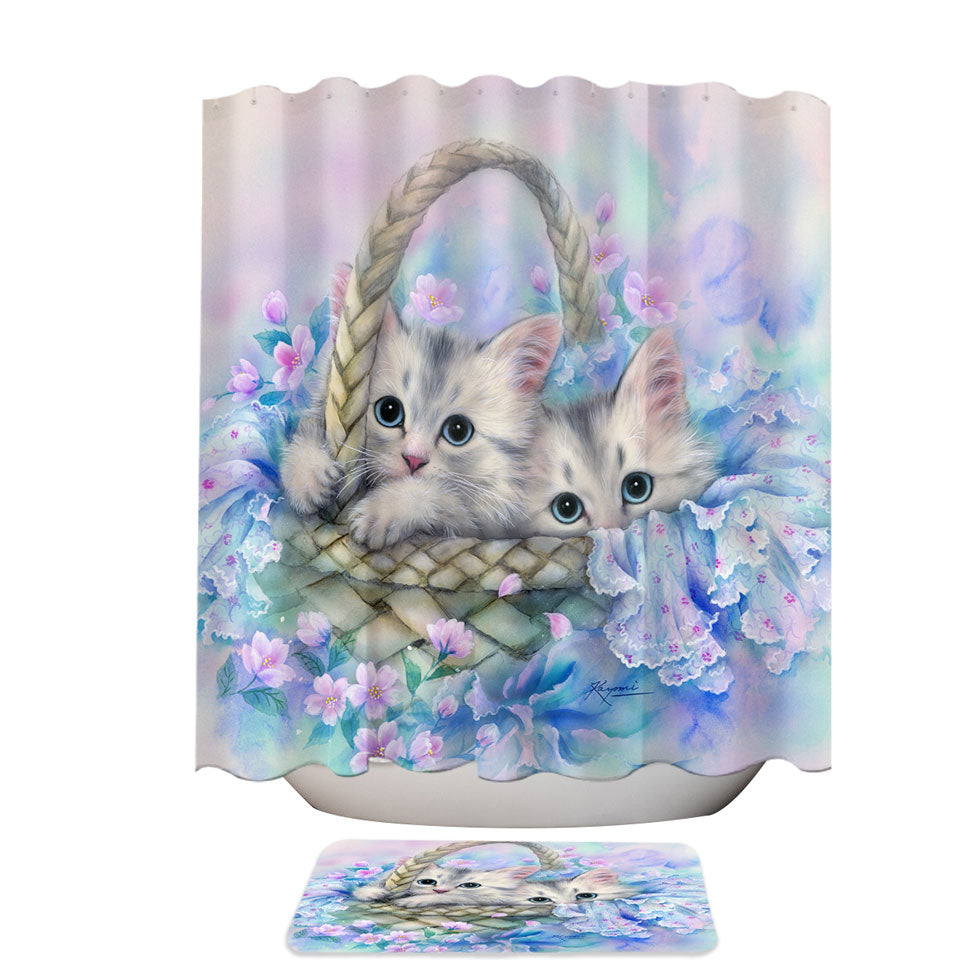 Cute Painting Shower Curtains for Kids Two Kittens in Flower Basket