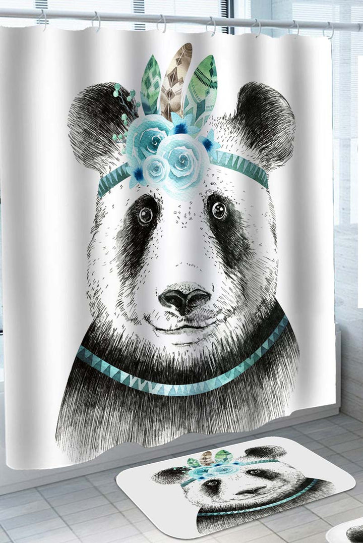 Cute Panda Shower Curtain Wearing Native Feathers Headband