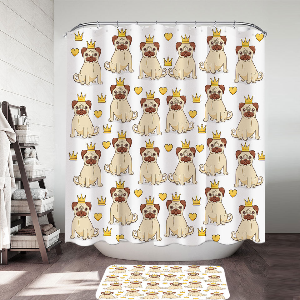 Cute Pug Shower Curtain with Dog King and Heart Pattern