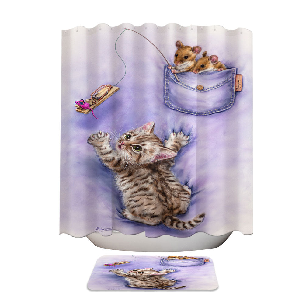 Cute Purple Shower Curtains Art Tabby Kitten and Mice
