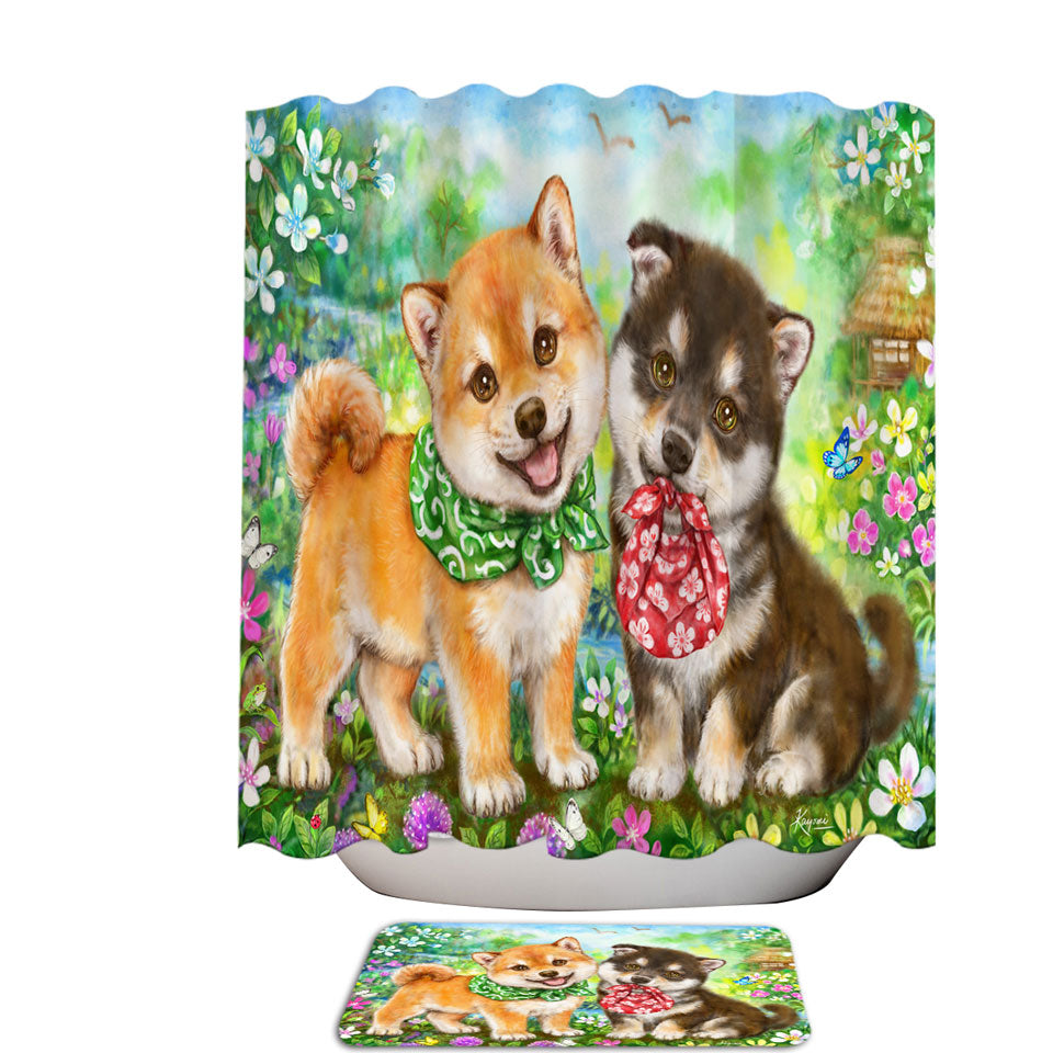 Cute Shiba Inu Dog Puppies Shower Curtain Flower Garden