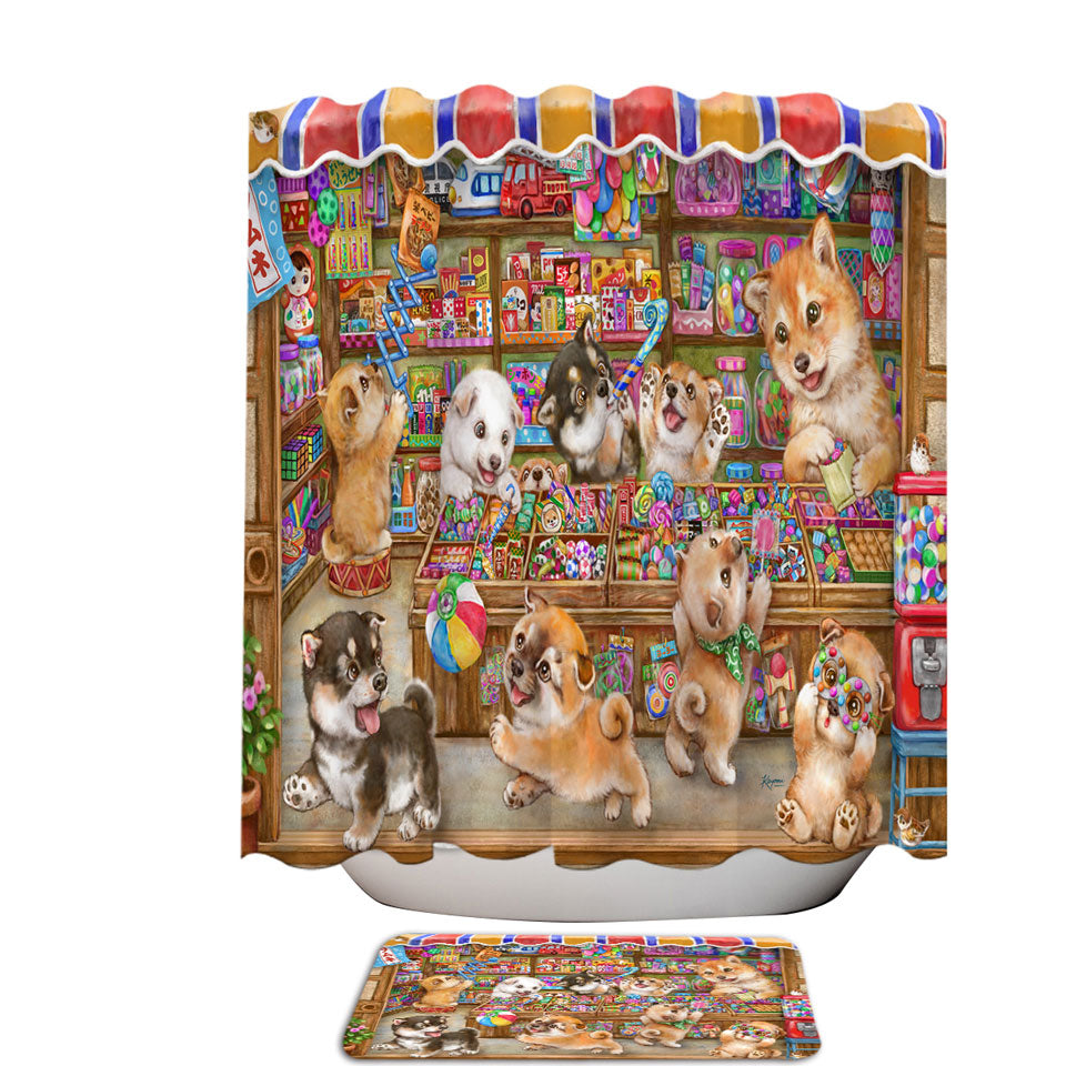 Cute Shiba Inu Dog Puppies in Candy Store Shower Curtain