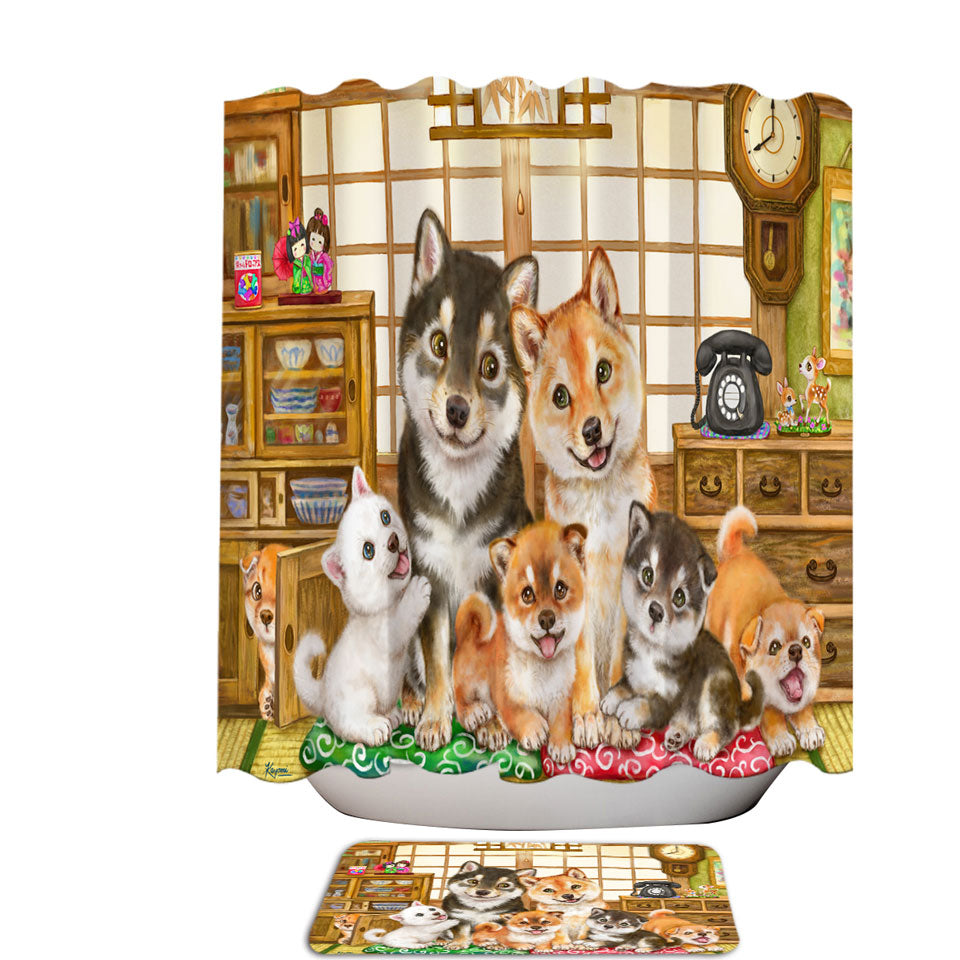 Cute Shiba Inu Dogs Shower Curtains and Puppies Family