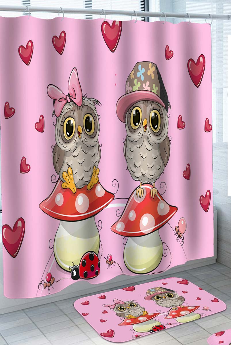 Cute Shower Curtain with Loving Owls Sitting on Mushrooms Bathroom Decor for Kids