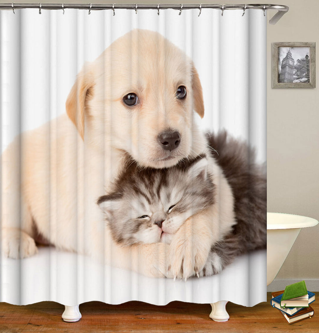 Cute Shower Curtains Best Friends Sweet Dog and Cat Pet Puppies