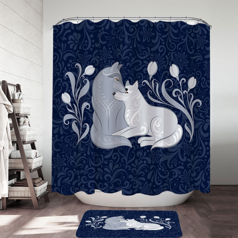 Cute Shower Curtains Blue Flowers and Wolves
