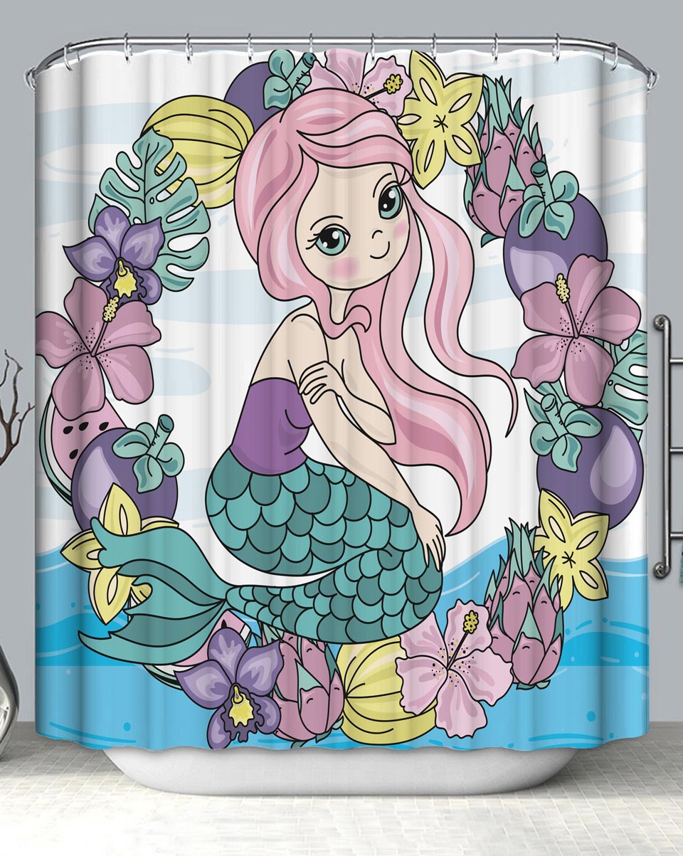 Cute Shower Curtains Cartoon Mermaid and Flowers