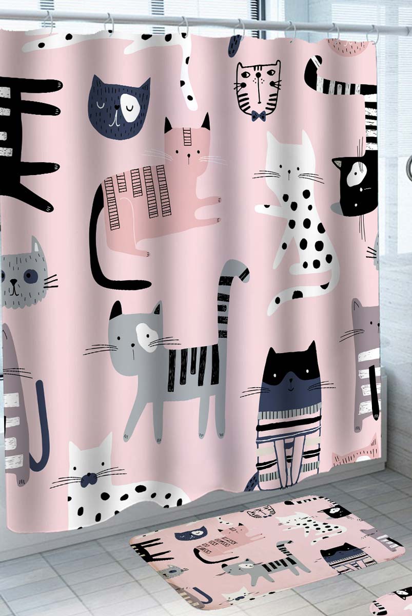 Cute Shower Curtains Cats Drawings over Pink