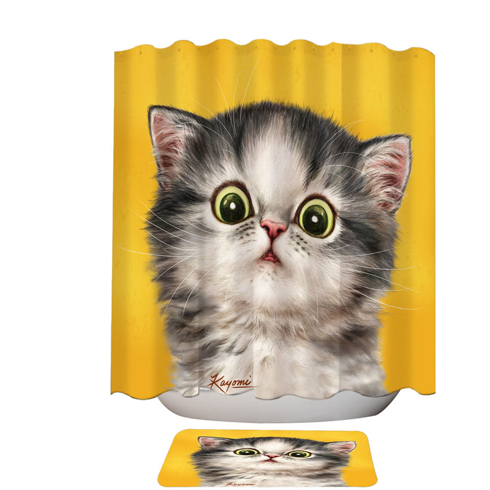 Cute Shower Curtains Display Confused Kitty Cat over Yellow
