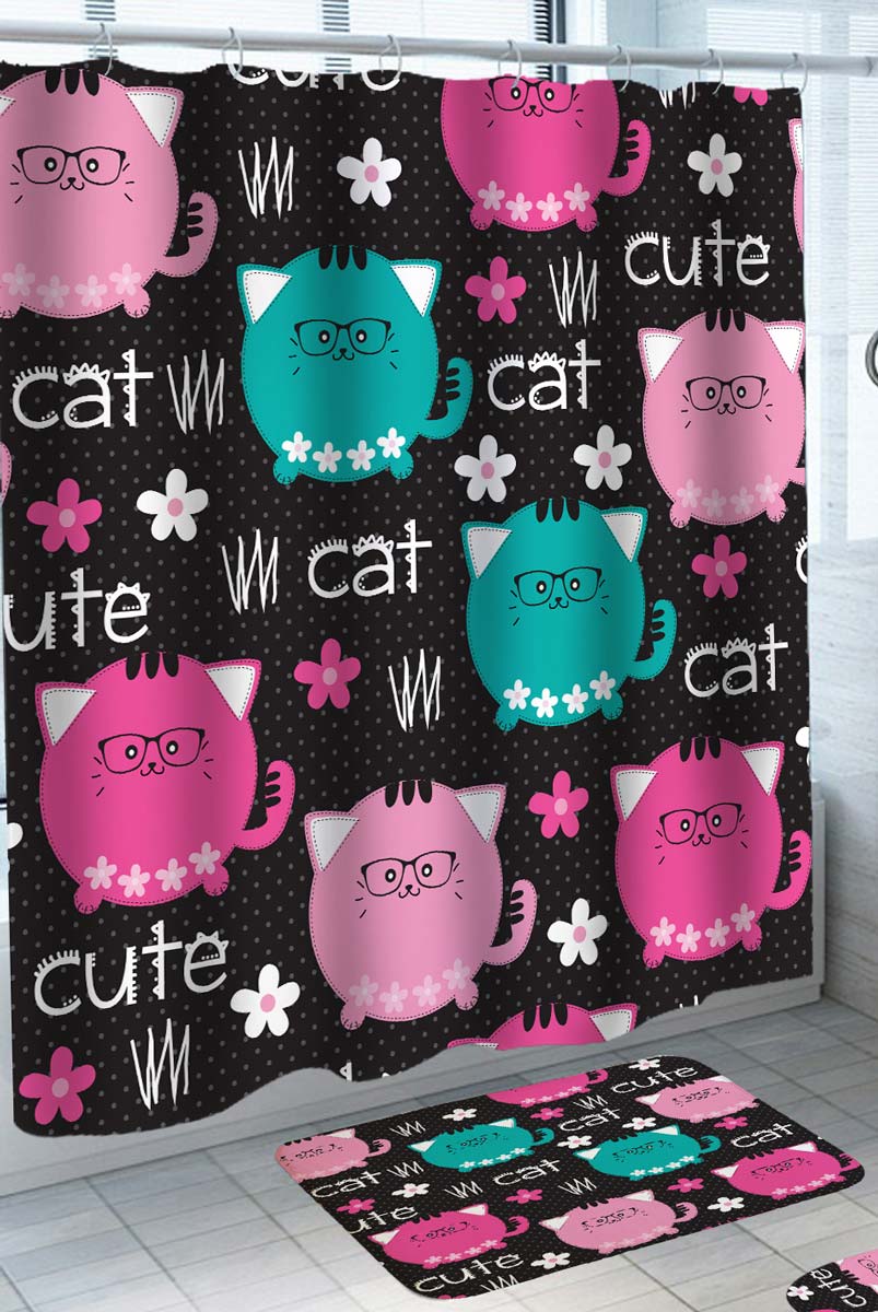 Cute Shower Curtains Fatty Glasses Cat Pattern