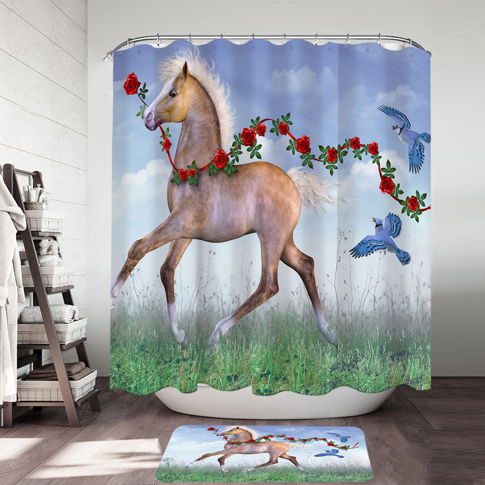 Cute Shower Curtains Foal Horse with Roses and Birds