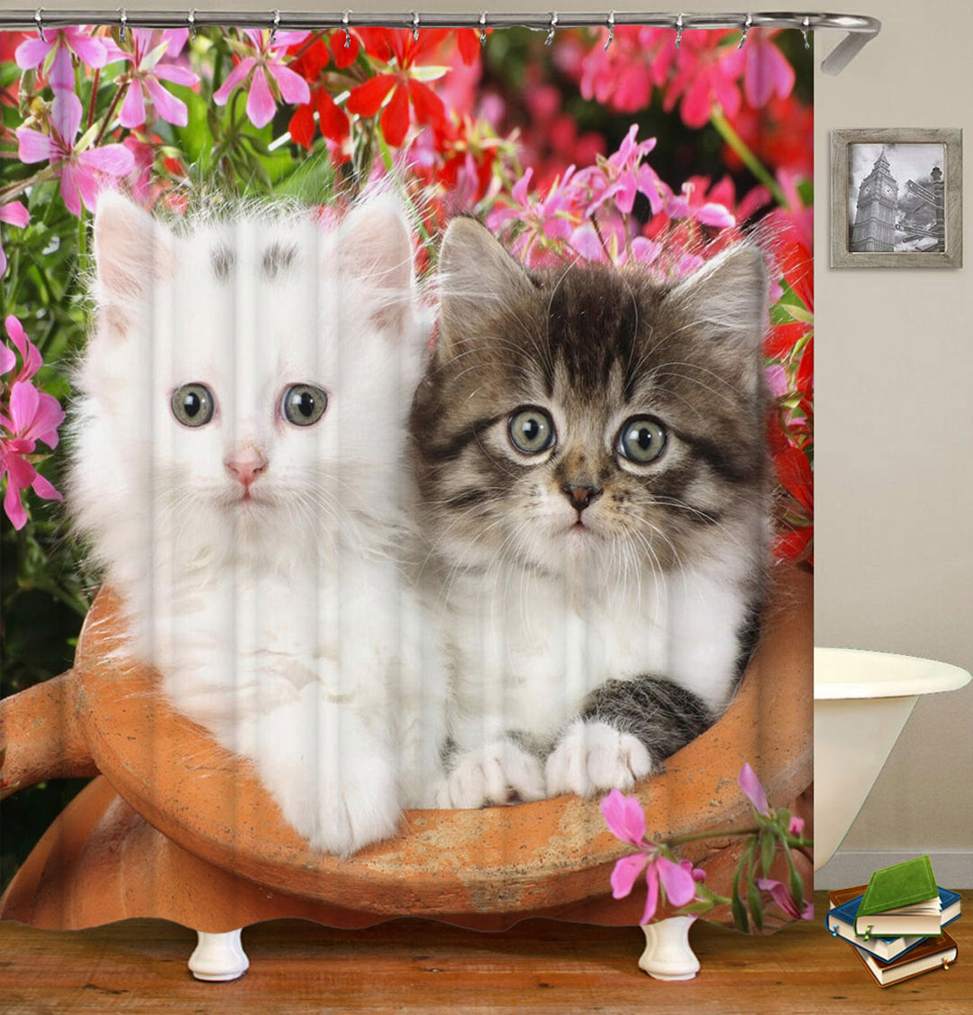Cute Shower Curtains Kittens Cat Puppies in the Floral Garden
