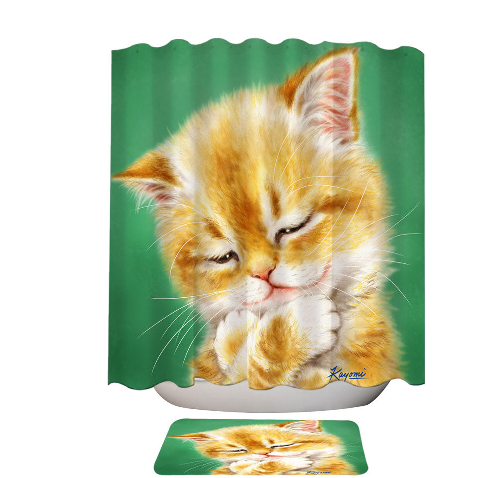 Cute Shower Curtains Made of Fabric Tempting Ginger Cat Drawing