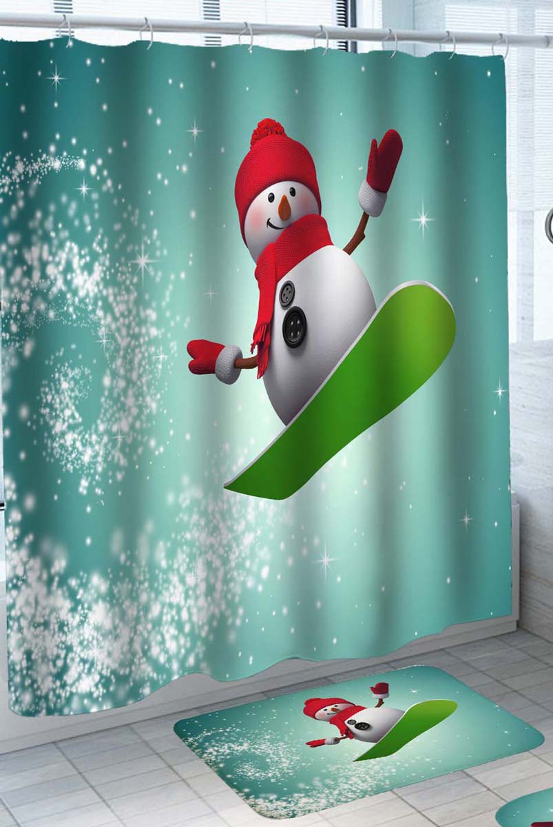 Cute Shower Curtains Red Hat Snowman Snowboarding