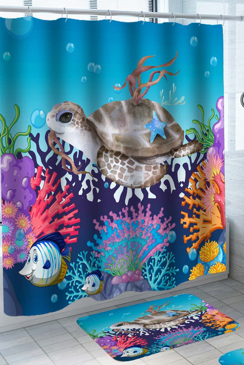 Cute Shower Curtains Turtle Swimming in the Colorful Reef