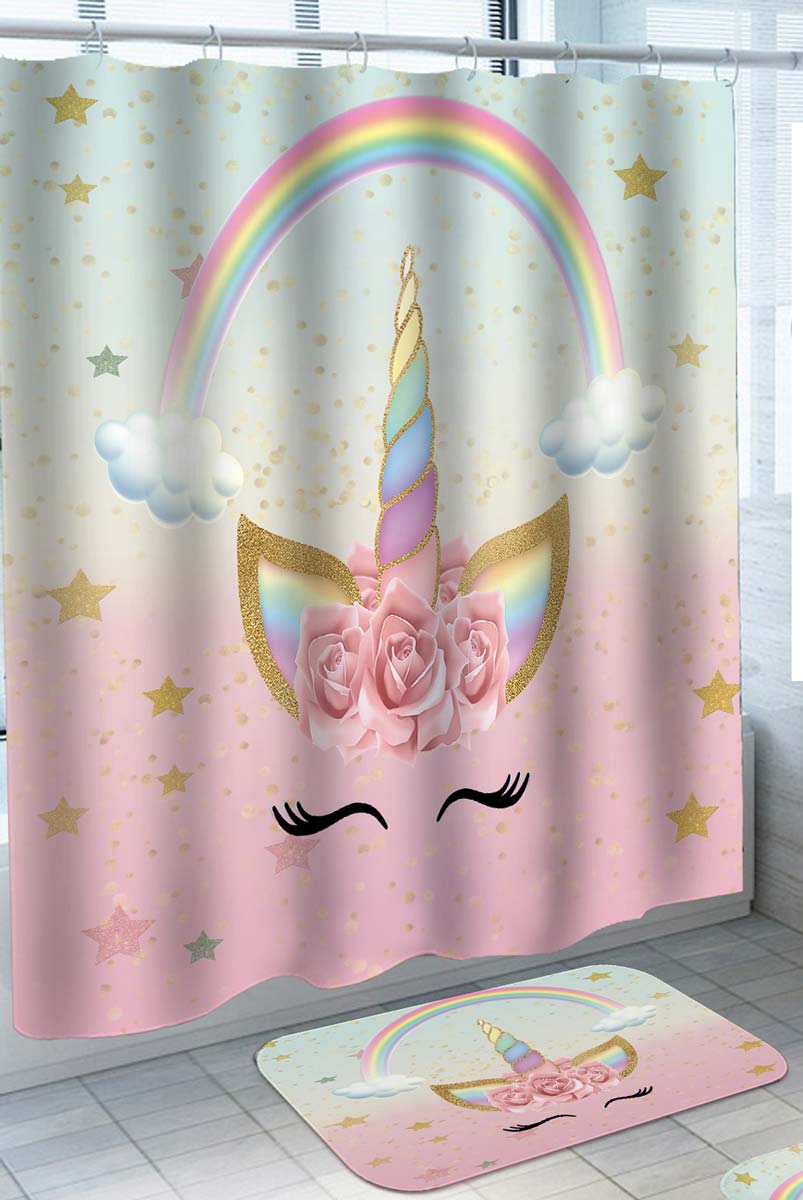Cute Shower Curtains Unicorn Face Rainbow and Stars