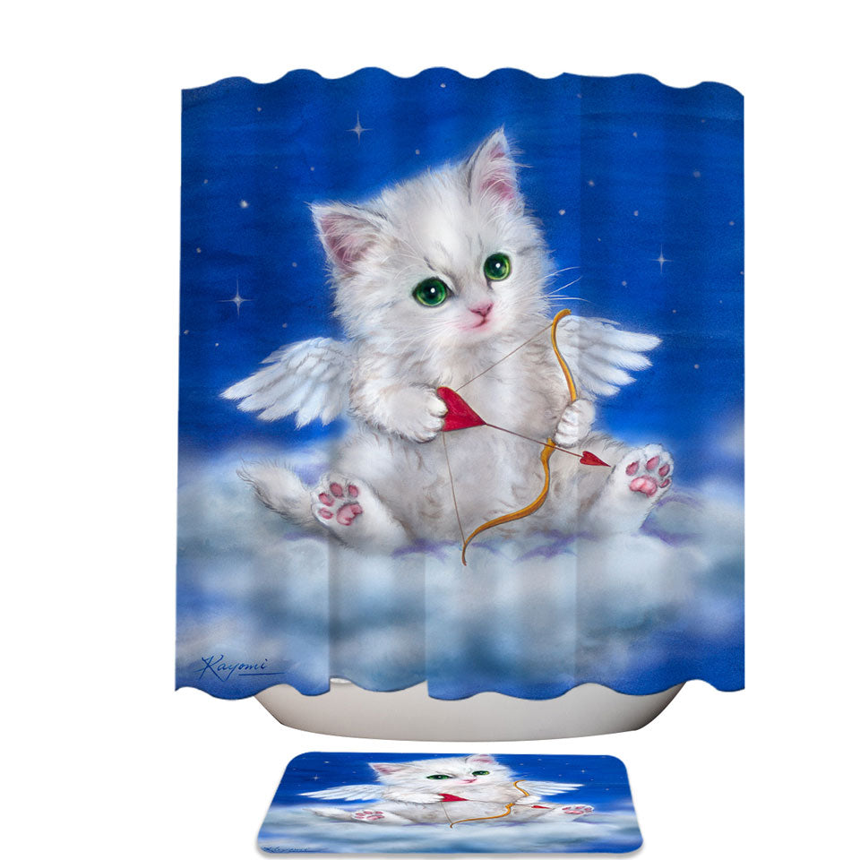Cute Shower Curtains and Bathroom Rugs with Fantasy Cat Art Love Angel White Kitten