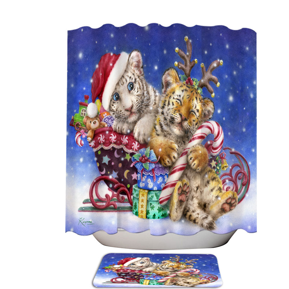 Cute Shower Curtains for Christmas Baby Tigers with Presents Sleigh