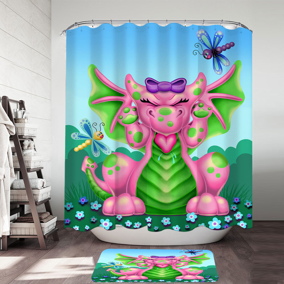 Cute Shower Curtains for Girls Dragonflies vs Girl Pink Dragon