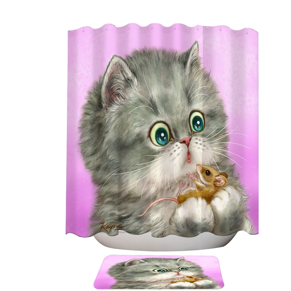 Cute Shower Curtains for Sale Friends Baby Cat and Mouse