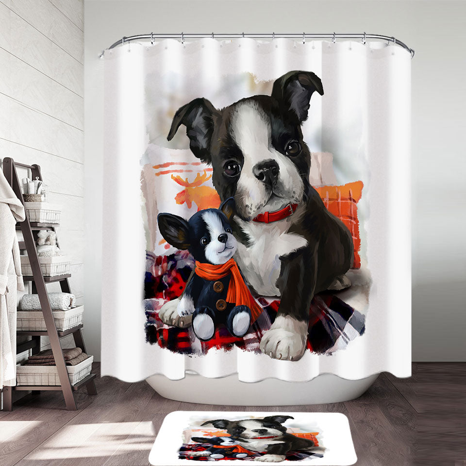 Cute Shower Curtains of Art Painting Cozy Adorable Puppy Doll and Cute Dog