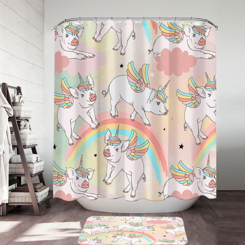 Cute Shower Curtains of Rainbow Unicorn Pigs