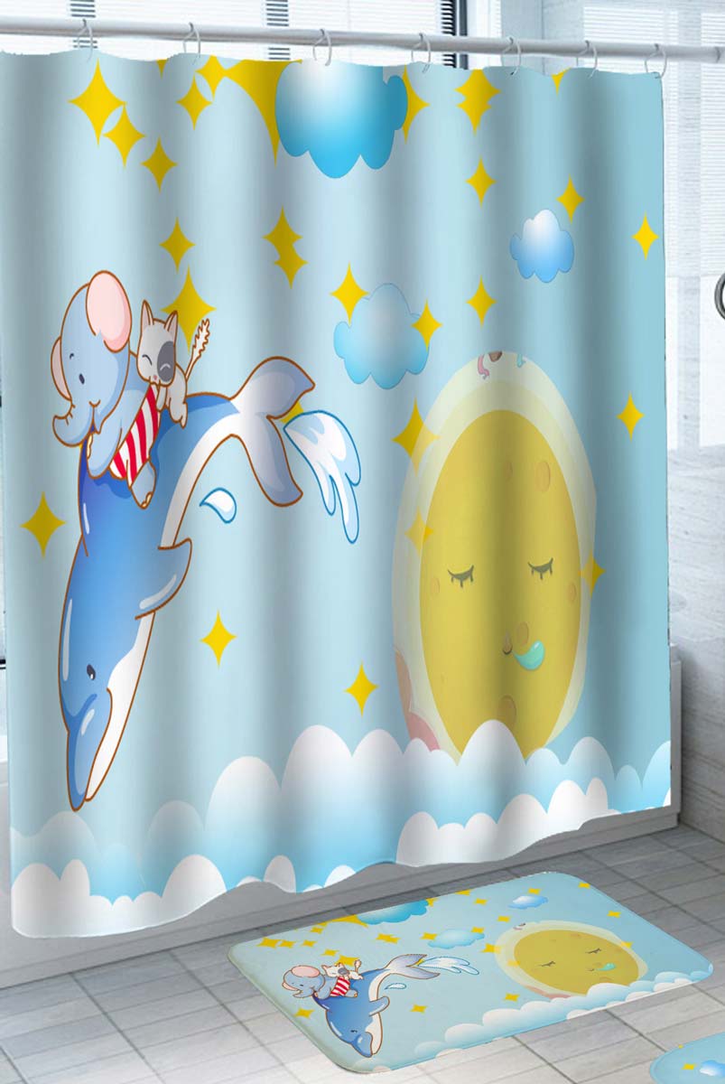 Cute Shower Curtains with Dolphin Elephant and Kitten up the Sky