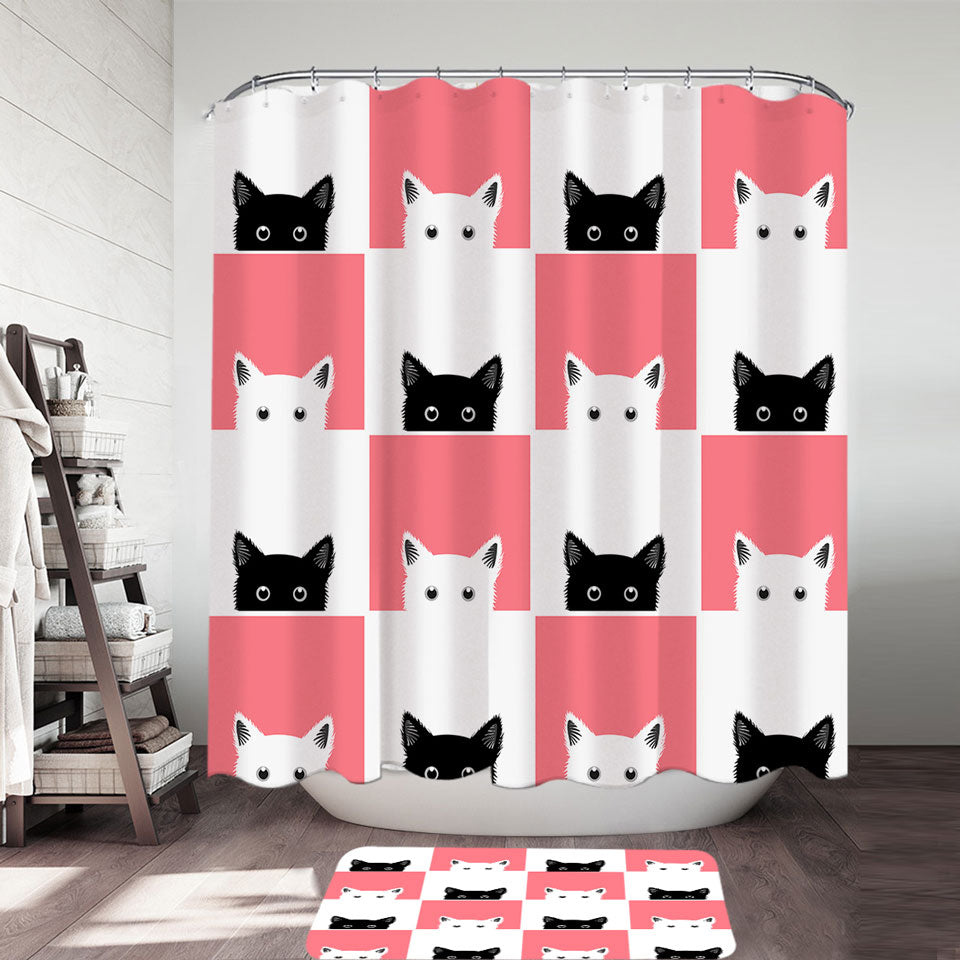 Cute Shower Curtains with Pink White Panel and Black White Cats