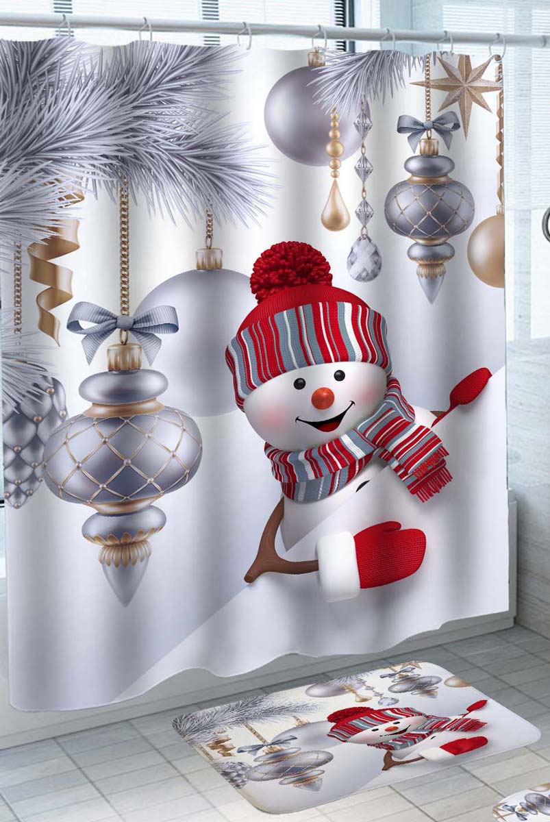 Cute Snowman and Christmas Decor Bathroom Shower Curtain and Floor Mat