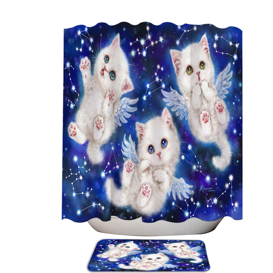Cute Star Angels White Kitty Cats in Space Shower Curtains made of Fabric