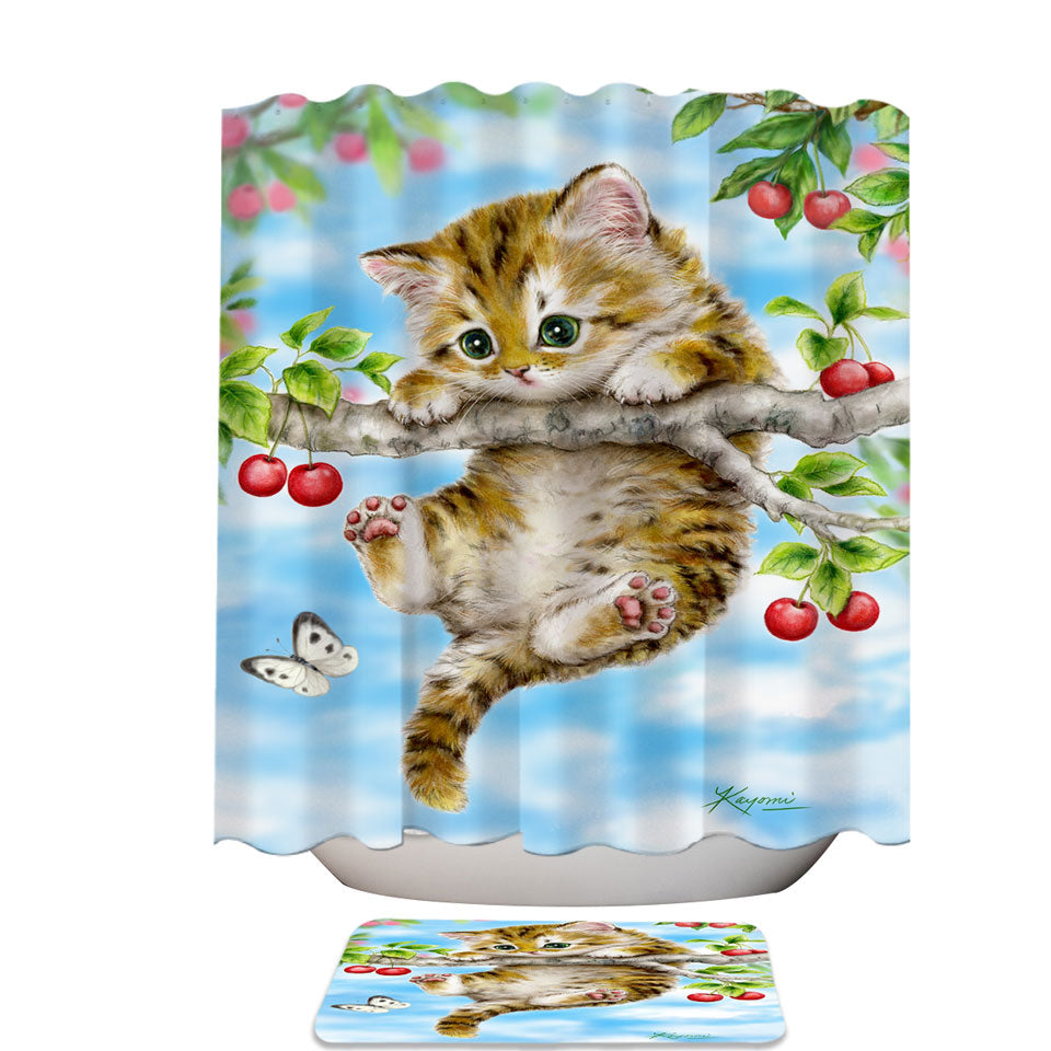 Cute Tabby Kitten Cat on a Cherry Tree Shower Curtain