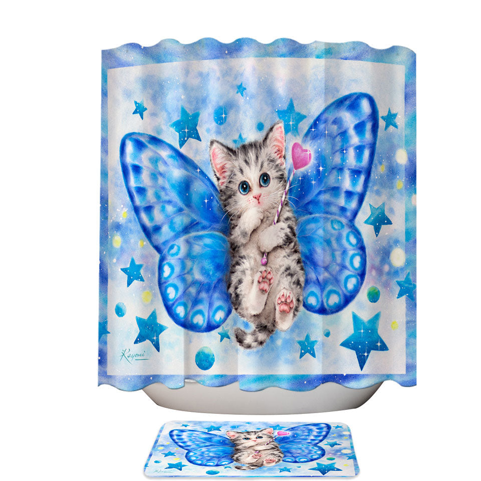 Cute Trendy Fabric Shower Curtains with Kitten Designs Blue Butterfly Kitty Cat