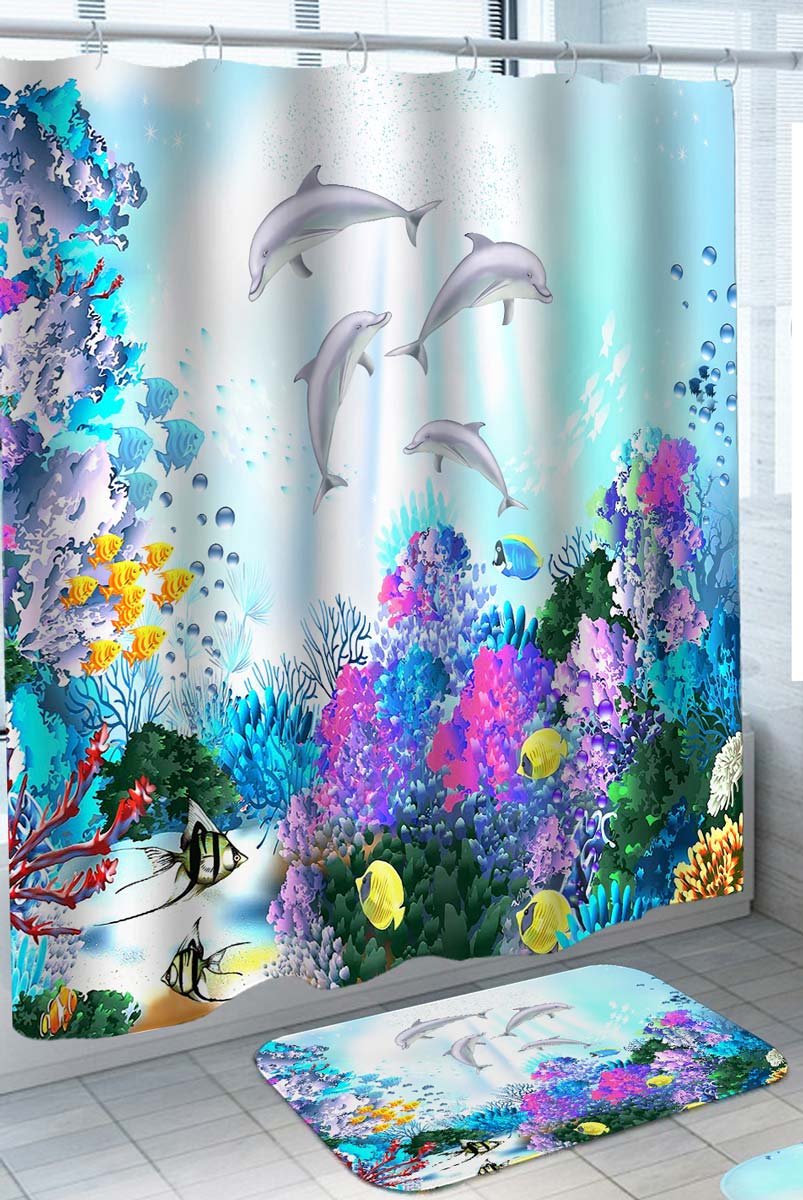 Cute Trendy Shower Curtains Pod of Dolphins Swimming in Colorful Reef