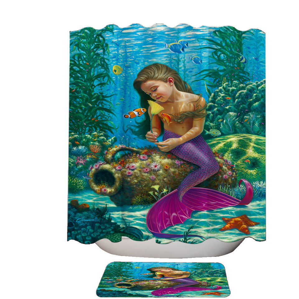 Cute Underwater Fish and Mermaid Girl Shower Curtain