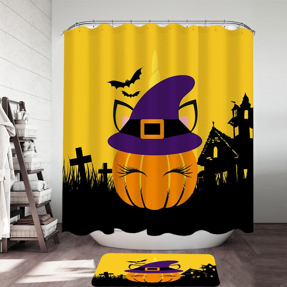 Cute Witch Pumpkin Shower Curtain for Halloween