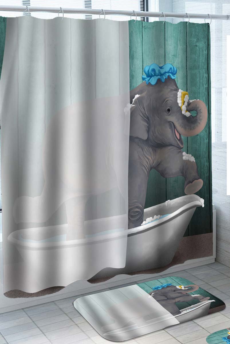 Cute and Funny Shower Curtains with Baby Elephant Taking a Bath