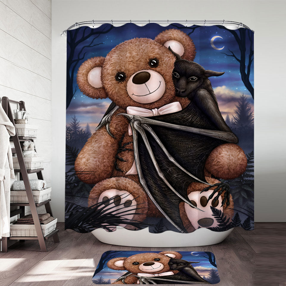 Cute and Scary Shower Curtains Bedtime Teddy Bear and Bat Shower Curtain