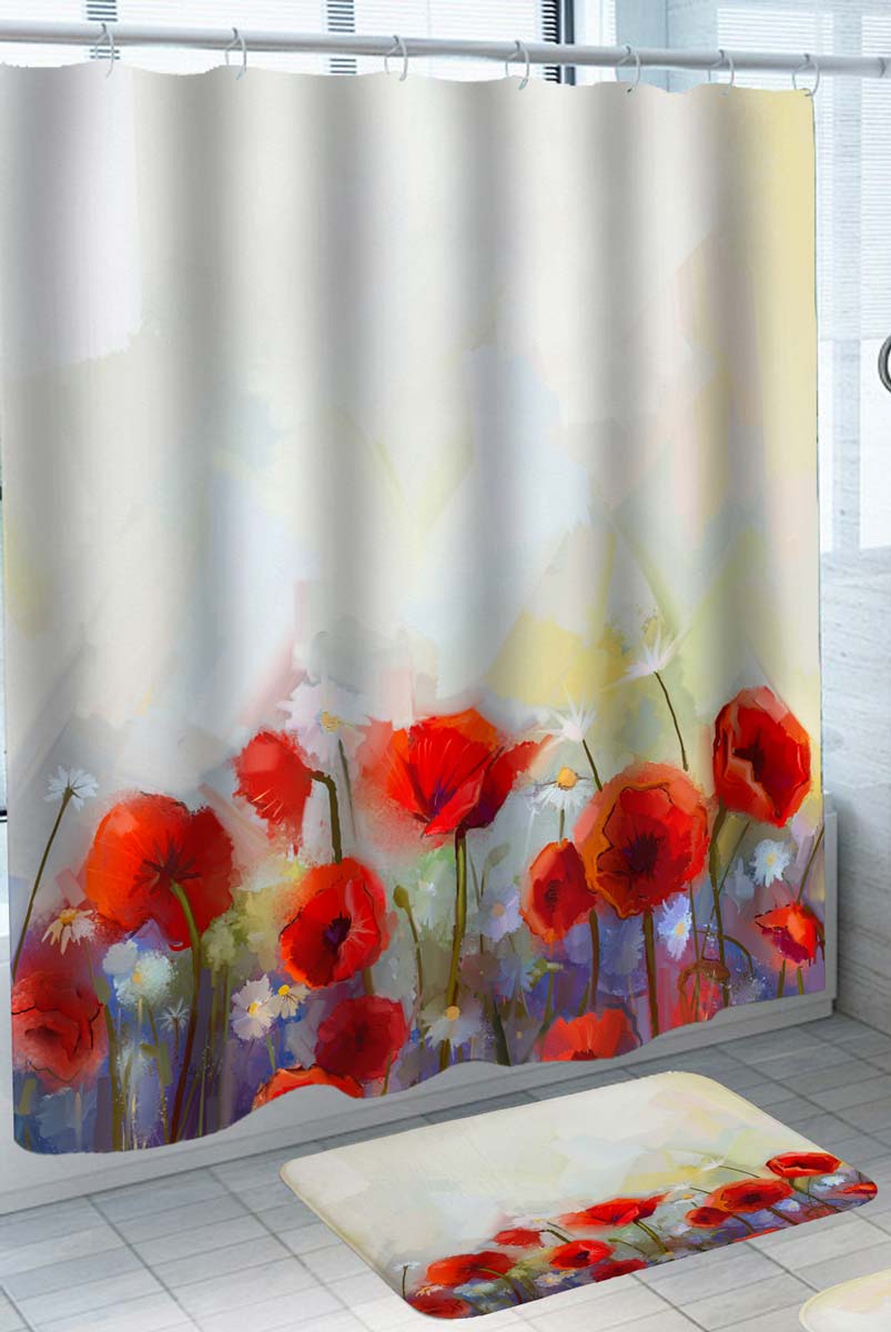 Daisy Shower Curtain Design Art Painting  and Poppy Seed Flowers