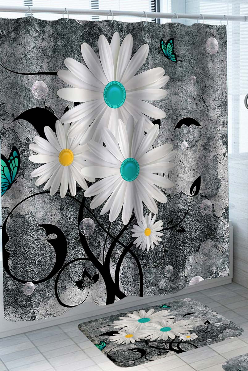 Daisy Shower Curtain Yellow and Turquoise Daisy Flowers
