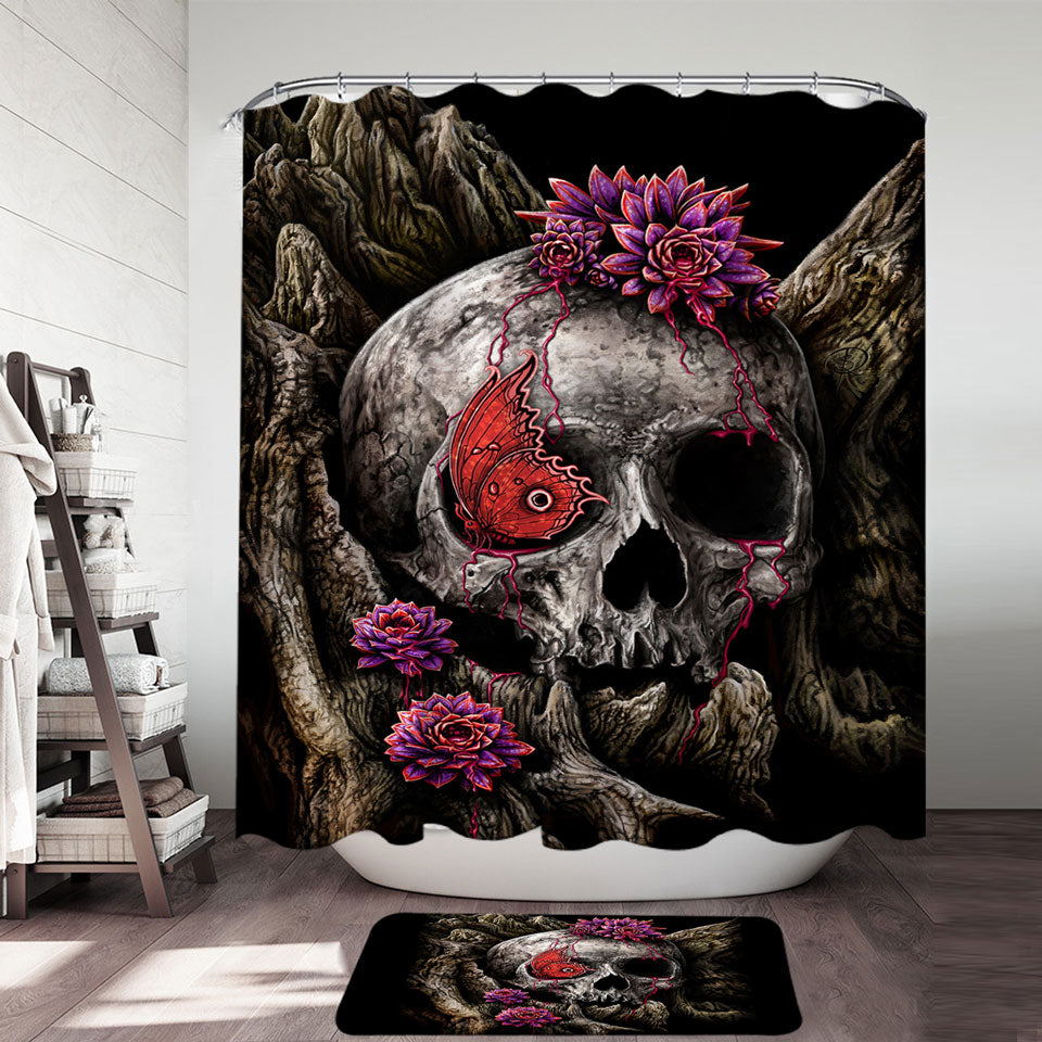 Dark Art A Glance of Evanescence Red Butterfly and Skull Shower Curtain